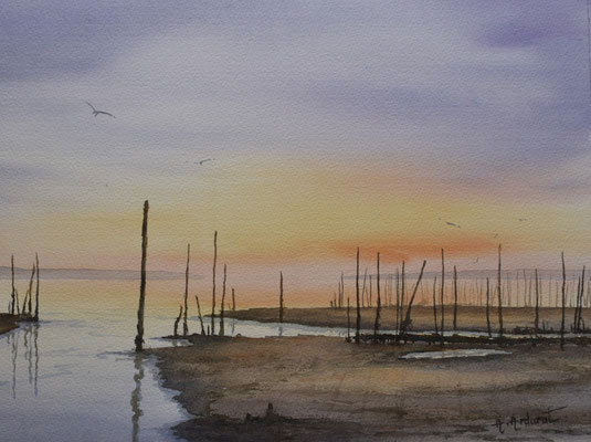 Soirée sur les terres du Bassin 40cm 50cm avec passe-partout sous papier cristal ( non encadré) 250€
