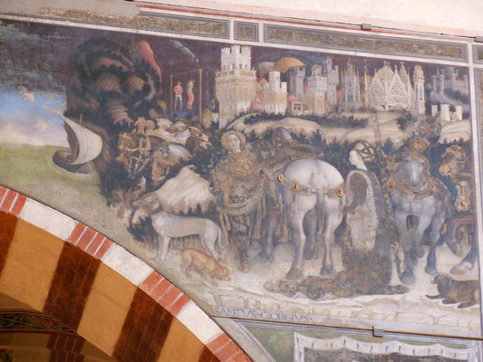 ピサネッロ(Pisanello)作「龍から乙女を救いに出立する聖ジョージ」(Pisanello, arcone della cappella pellegrini con san giorgio e la principessa)