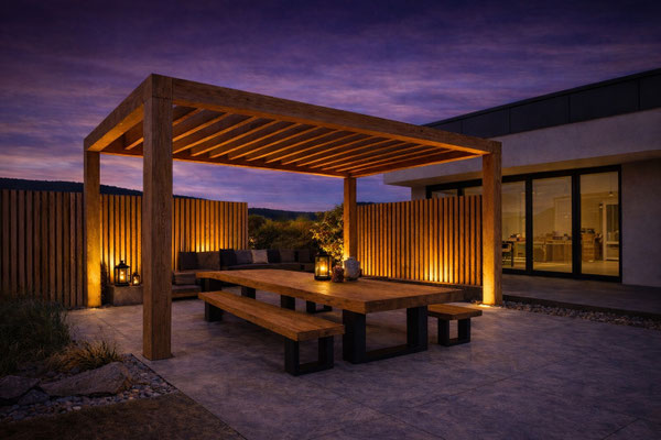 Pergola, moderner Holzbau, Sichtschutz, überdachter Freisitz, Terrasse überdacht, Douglasie, Gartenbank, Gartentisch, Gartenraum