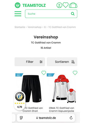 Die Startseite unseres neuen Vereinsshops zum Bestellen von Trainingssachen mit unserem Logo