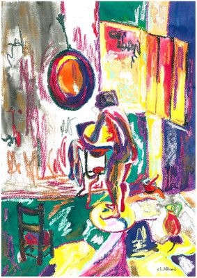 La toilette (Pastel gras et encre)