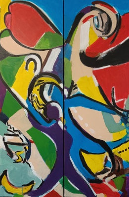 2 Teile, je 50 x 150 cm, Acryl mit Collage auf Leinwand
