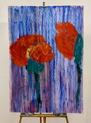 Tulipa vor gestreifter Tapete  |  70x100  |  Acryl auf Papier