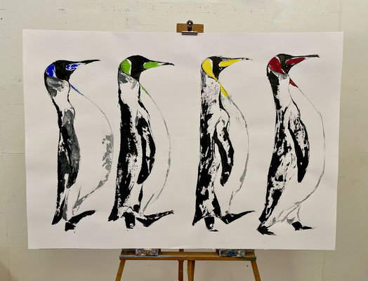 Pinguin Prozession (Quartett) | 70x100 | Acryl auf Papier  |. 2021
