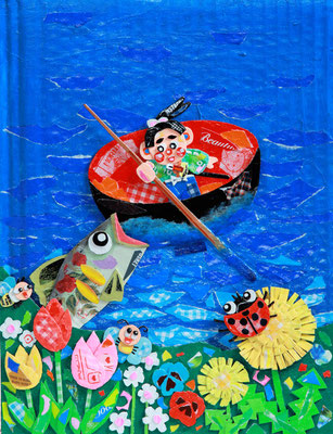 作品no.45 【サイズ】330ミリ×255ミリ　【使用画材】アクリル絵の具、ダンボール、コラージュ【価格】66,000円（税込／額付）