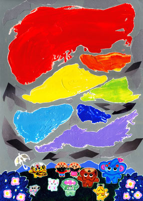 作品no.41 【サイズ】380ミリ×270ミリ　【使用画材】アクリル絵の具、コラージュ、TMKポスター紙　【価格】55,000円（税込／額付）