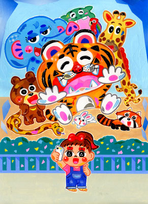 作品no.34 【サイズ】380ミリ×270ミリ　【使用画材】アクリル絵の具、コラージュ、TMKポスター紙　【価格】55,000円（税込／額付）