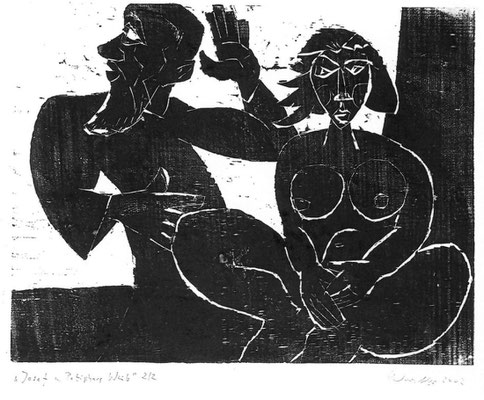 Rolf Werstler: Josef mit Potiphars Weib. Holzschnitt, 2002. Sächsische Grafiken, Neue Sächsische Galerie Chemnitz, 2004