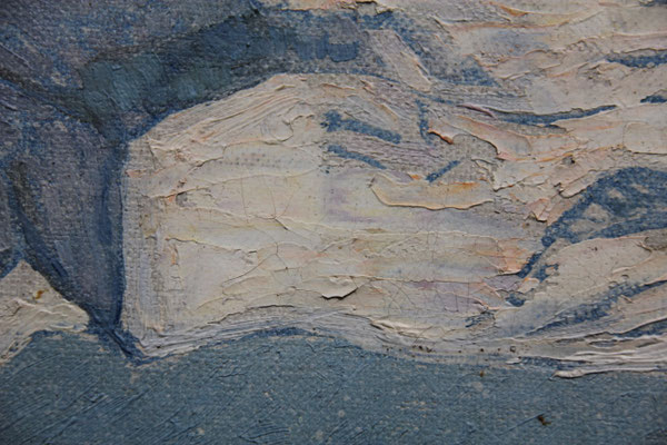 Detailfoto - sichtbares Alterungscraquelée, von der Leinwand gelöste Bildschichtschollen
