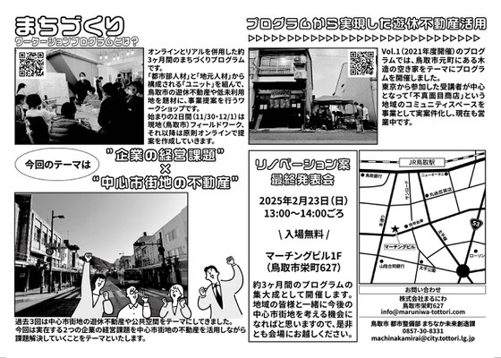 株式会社まるにわ様　”まちづくりワーケーションプログラム VOL.4”　フライヤー　裏　　制作期間約1ヶ月(画像はクライアント様持ち込み、納品まで）