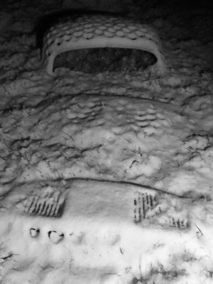 Sculpture en acier la nuit sous la neige