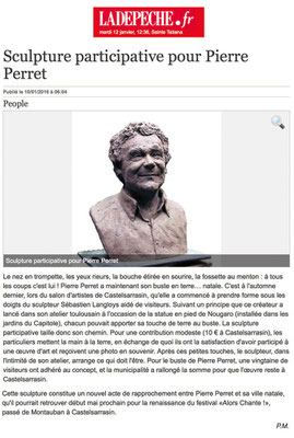 Article La Dépêche, buste de Pierre Perret, sculpteur Langloÿs 