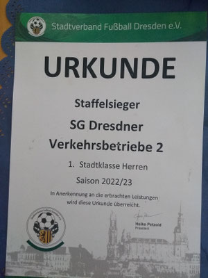 Staffelsieg-Urkunde der 2. Männermannschaft Spieljahr 2022-2023