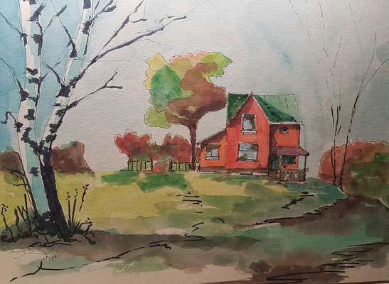 Haus mit Birken, 1-17, Aquarell, 30x40cm