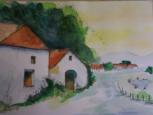 Hof am Dorfrand, 7-14, Aquarell, 30x40cm