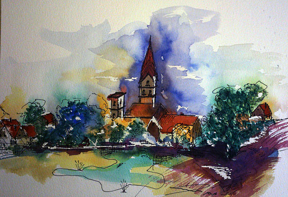 Dorfkirche, 12-16, Aquarell, 30x40cm