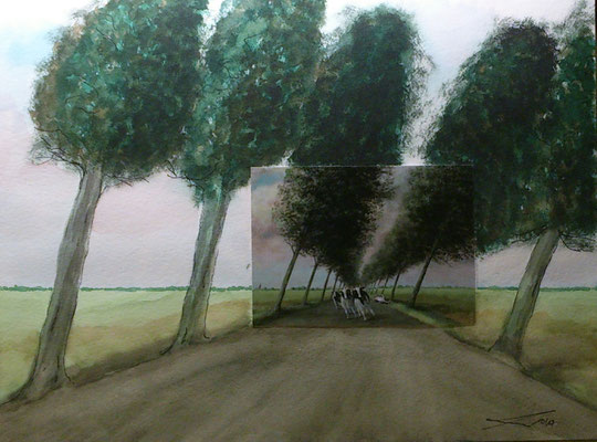 Kühe auf Strasse, 10-17, Collage mit Aquarell, 30x40cm