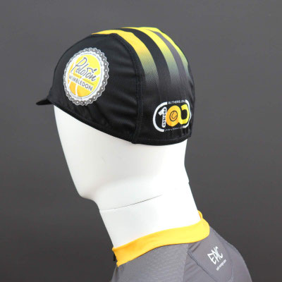 Custom branded cycle club cap rear side view with 3-panel construction for under-helmet comfort.