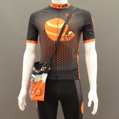 Custom printed musette bag front view with lightweight design and long shoulder strap for racing and events.