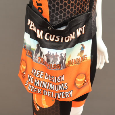 Custom printed musette bag close-up with central stud fastener for secure closure.