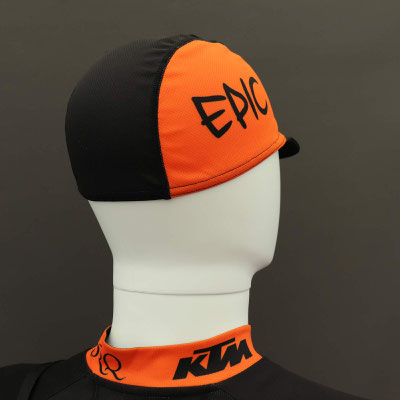 Custom printed Epic cycle cap rear view with lightweight packable construction for cycling kit.