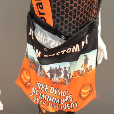 Custom printed musette bag front detail with full custom design for racing, events and team merchandise.