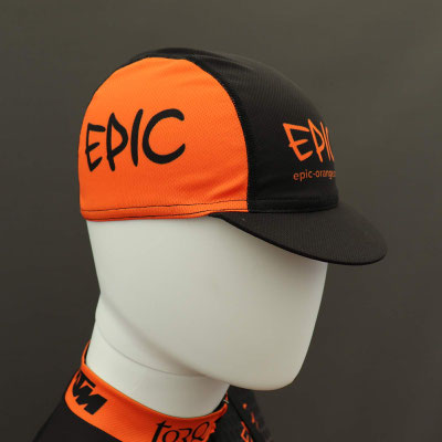 Custom printed Epic cycle cap rear side view with bold orange and black custom sublimation print.