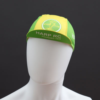 Custom printed Harp RC cycle cap front view with breathable lightweight fabric and high quality sublimation print.