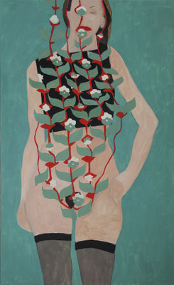 13-La fleuriste -fevrier 2022-tempera et huile sur toile-130x80cm