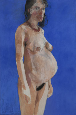 4- Lise enceinte fond bleu -27 fevrier 2020- pastel sur toile-120x80cm