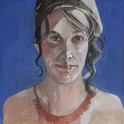 5- Lise portrai fond bleu- fevrier mars 2020- Tempera et huile sur toile-60x60cm