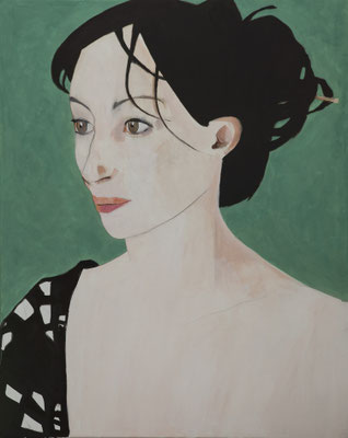 53-Dominique L ( fond vert) - dec 2020-  huile et tempera sur toile-100 x 80 cm