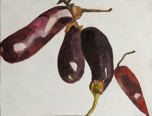 12-Aubergines et piment, septembre 2024, huile sur bois, 27x35cm