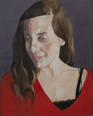 45-Charlotte au gilet rouge- nov 2020- tempera, huile et pastel sur toile-100 x 80 cm
