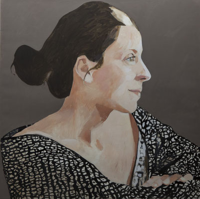 50-Charlotte reveuse- dec 2020- tempera, huile et pastel sur toile-100 x 100 cm