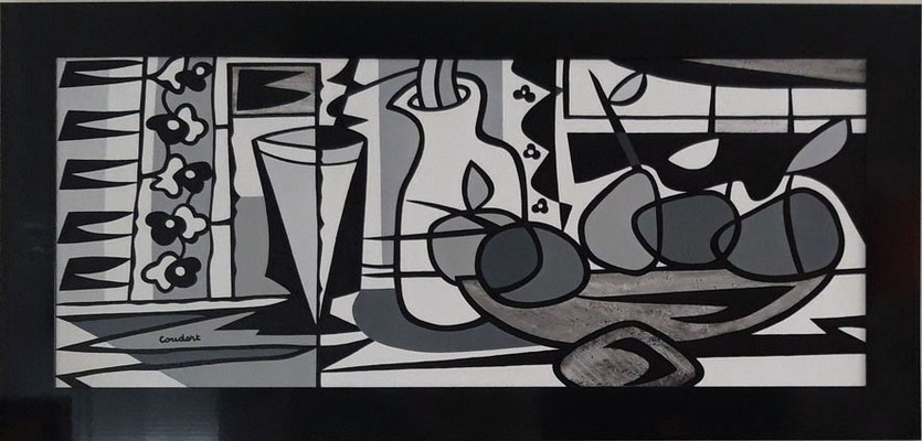 Le compotier noir et blanc. Acrylique sur bois marouflée bois. 92 x 192 cm. 1600 €
