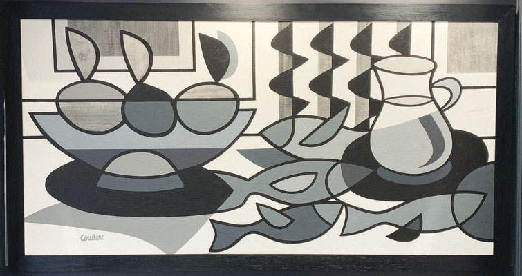 Fruits et poissons. Acrylique sur toile marouflée sur bois. 80 x 149 cm. 1300 €