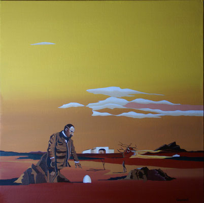 Le pharmacien finissant par trouver un œuf se fige dans la pierre. Acrylique sur toile. 50 x 50 cm. 450 € 