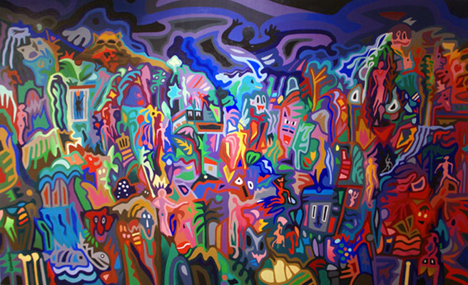 Les femmes de la clairière. Acrylique sur toile. 90 x 146 cm. 1450 €