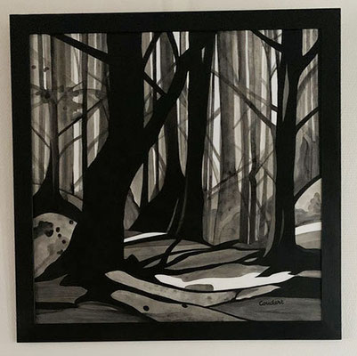Sous-bois.Acrylique diluée sur bois