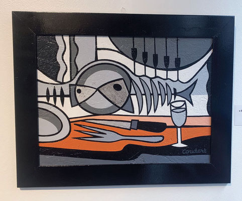 2 maquereaux morts d'une surdose de vin blanc. Acrylique sur bois. 38 x 48 cm. 300 €