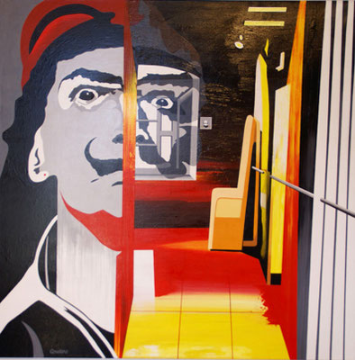 Dali à la fenêtre du couloir du château de Pujol. Collection privée