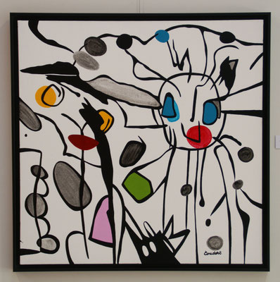 Le petit garçon et sa sœur à la jupe rose. Acrylique sur toile. 95 x 95 cm. Caisse américaine. 1000 €