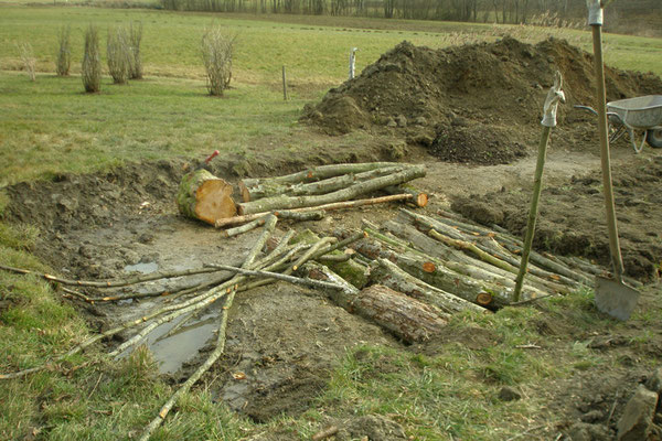 Die ausgehobene Grube wird mit Baumstämme und Äste aufgefüllt. 