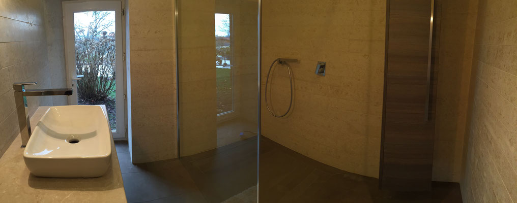 meuble salle de bain en mélaminé cleaf tranche avec plan vasque en pierre sur mesure et vasque posé tiroir blum