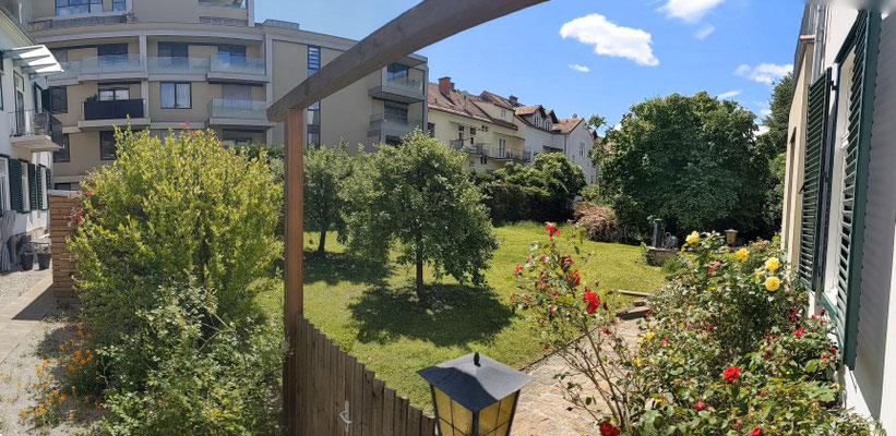 Der Blick in den Garten vor der Praxis. Es ist ein geräumiger Innenhof, der hauptsächlich aus Wiese, Bäumen und Sträuchern besteht. Der Himmel ist strahlend blau.