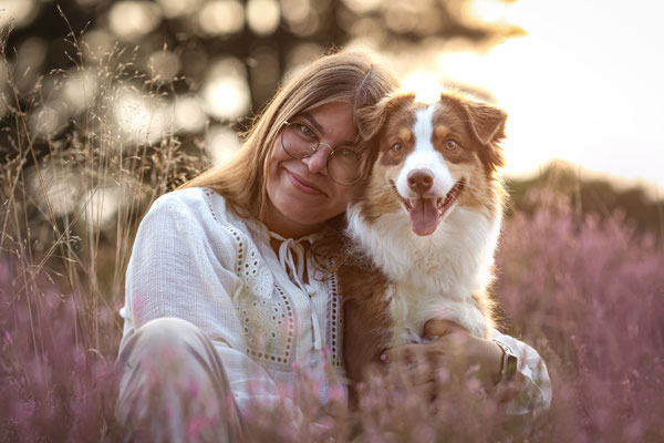Frau mit Aussie im Sonnenuntergang, Heideshooting, Haltern am See