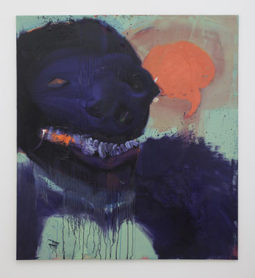 "I've Got No Brain Baby" 2017, oil and acrylic on canvas, 160 x 145 cm; Out of Touch, curated by Carina Bukuts, Künstlerhaus Bethanien Berlin, 2018, Photo: David Brandt for Künstlerhaus Bethanien