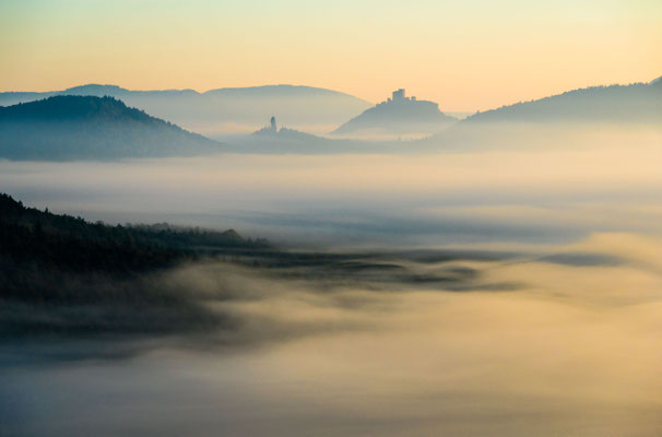 Blick auf Burg Trifels und Asselstein übers Nebelmeer