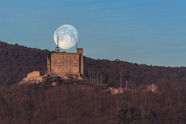 Vollmonduntergang hinter Hambacher Schloss und Kalmit